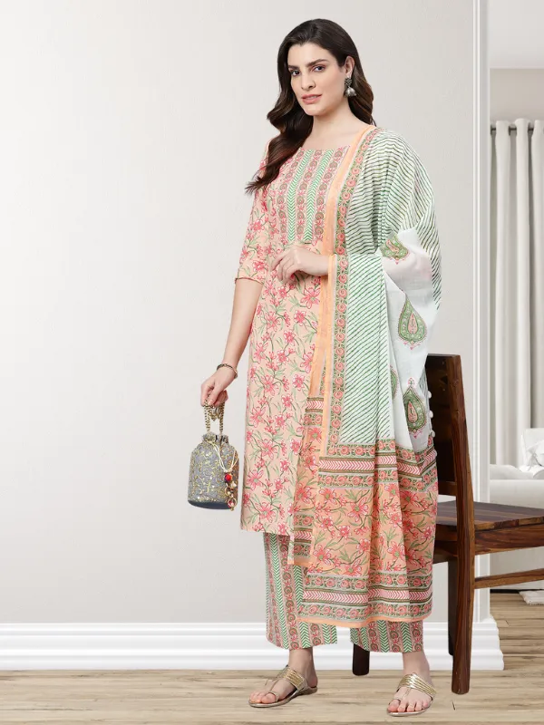 Peach Printed Kurta With Printed Palazzo Pants And Dupatta