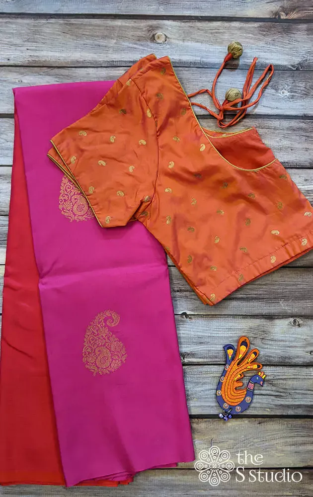 Peach with zari bhuttas silk blouse