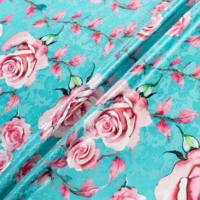 Pink Rose Printed Turquoise Printed Silk Striped Lamé