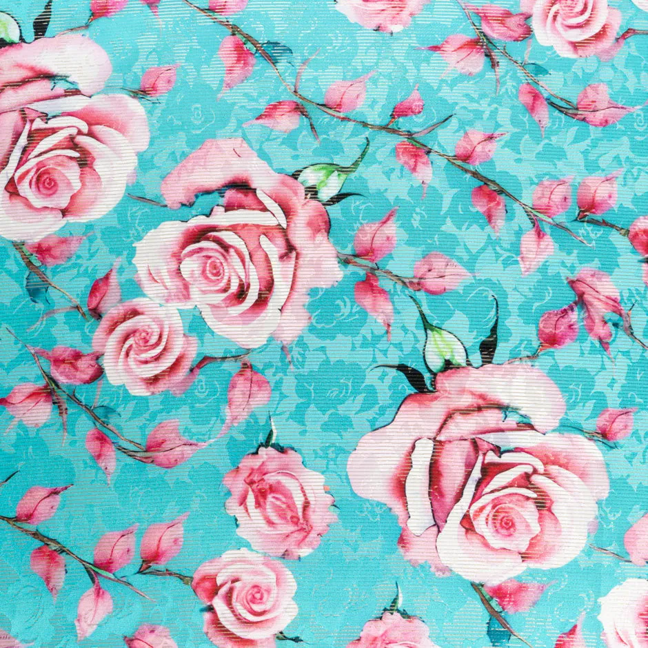 Pink Rose Printed Turquoise Printed Silk Striped Lamé