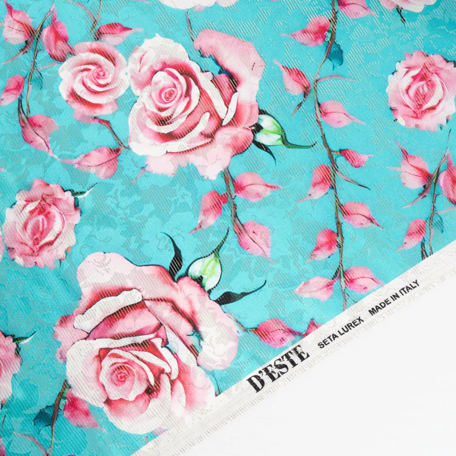 Pink Rose Printed Turquoise Printed Silk Striped Lamé