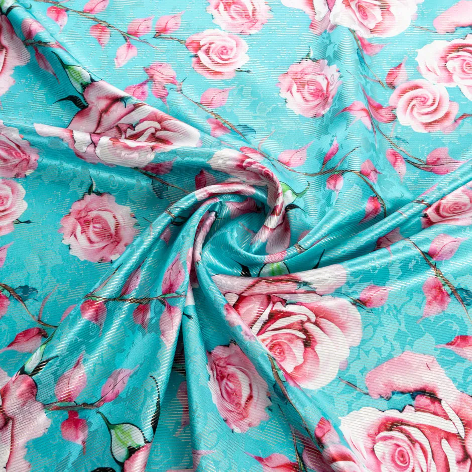 Pink Rose Printed Turquoise Printed Silk Striped Lamé