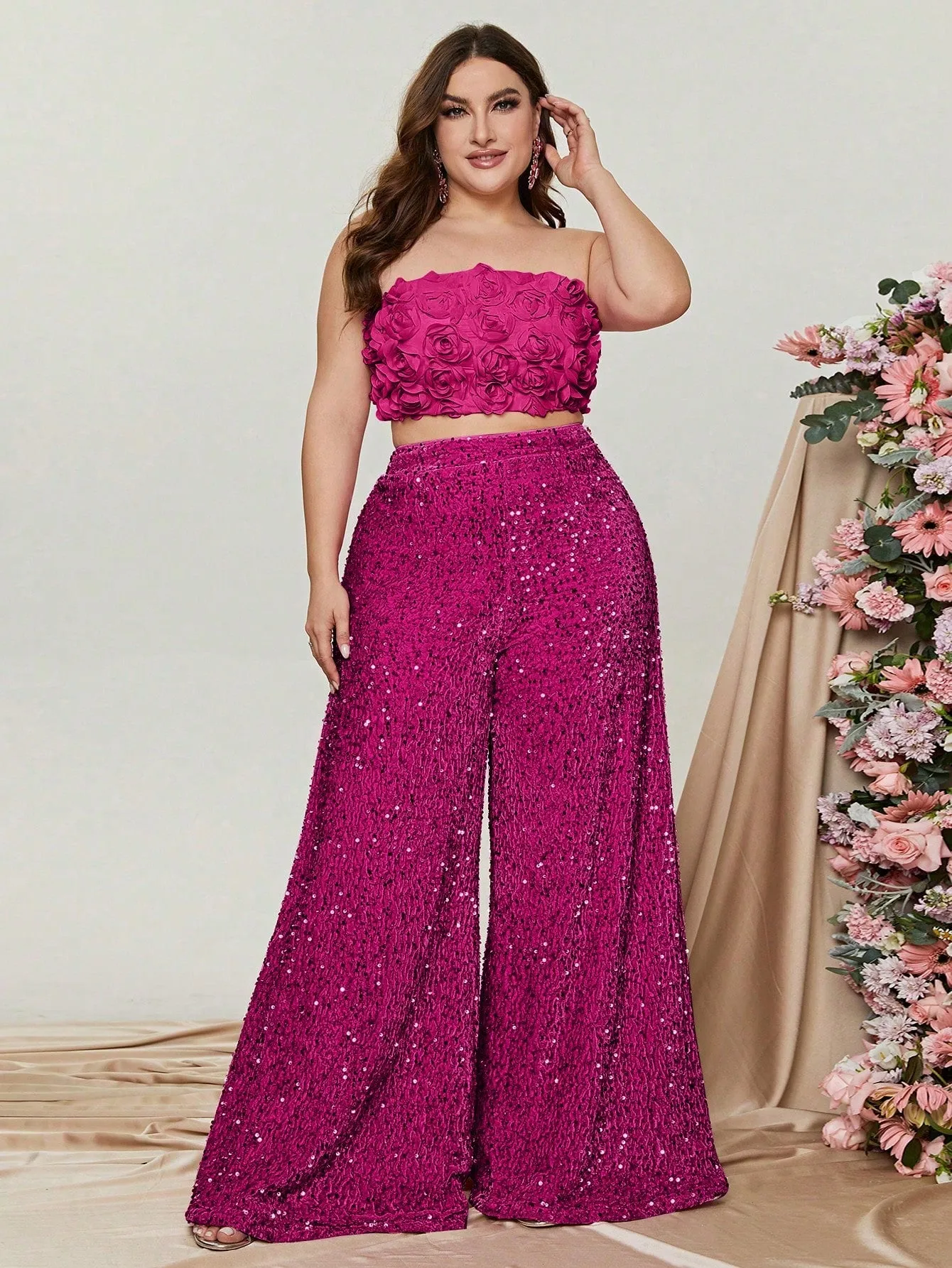 Plus 3D Flowers Tube Top & Sequin Wide Leg Pants