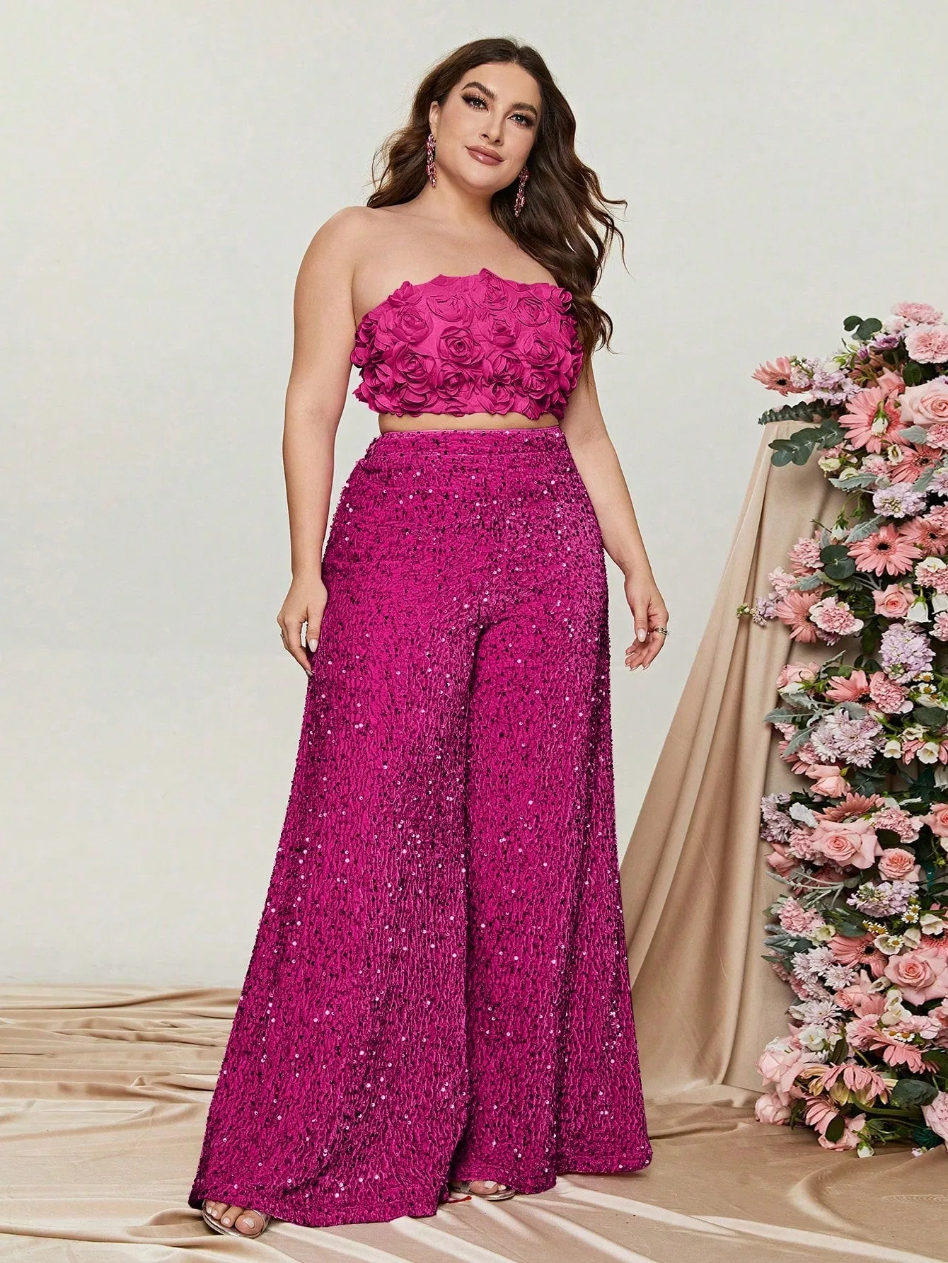 Plus 3D Flowers Tube Top & Sequin Wide Leg Pants