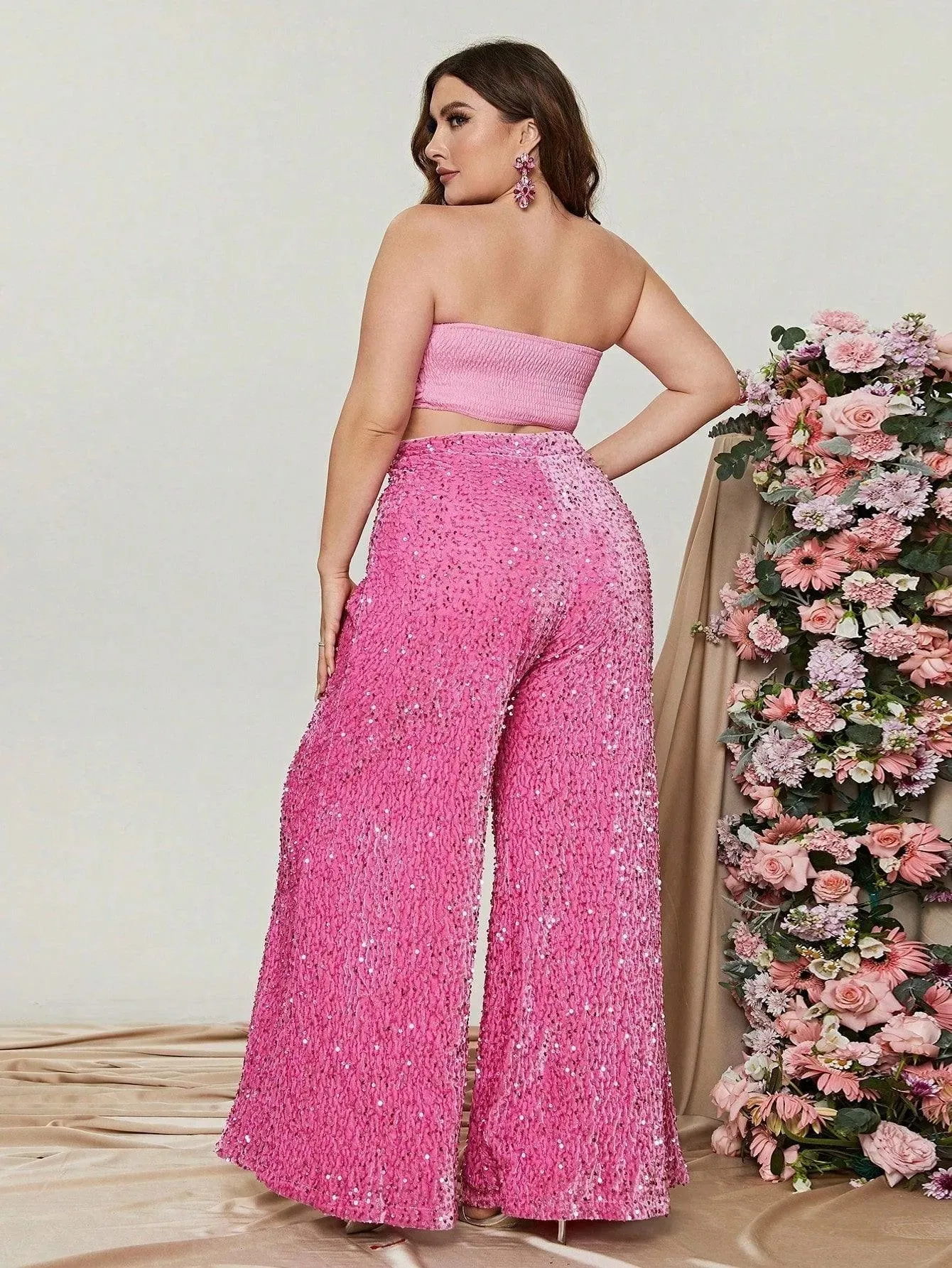 Plus 3D Flowers Tube Top & Sequin Wide Leg Pants