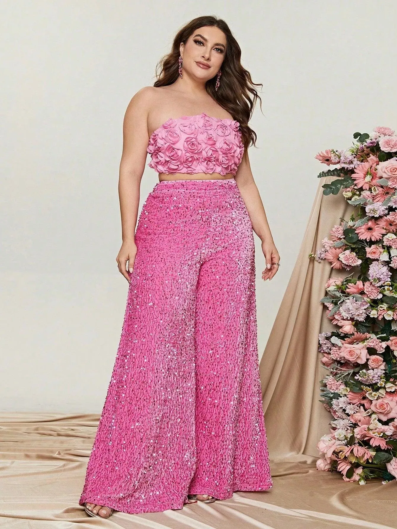 Plus 3D Flowers Tube Top & Sequin Wide Leg Pants