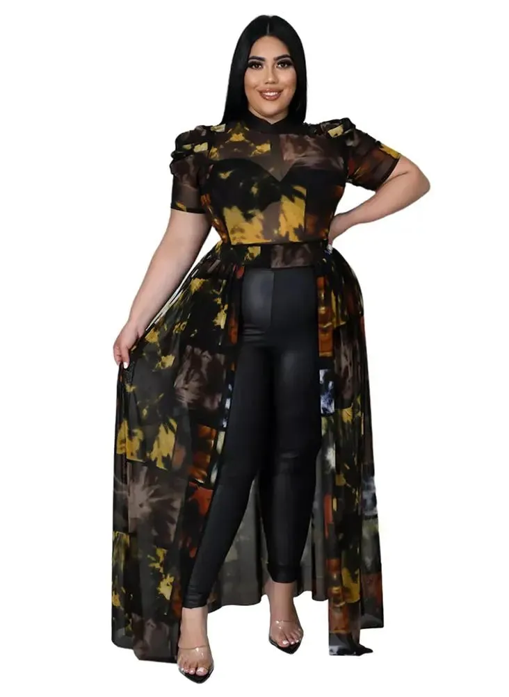 Plus Size Sexy Chiffon Puff Short Sleeve Mesh Tops