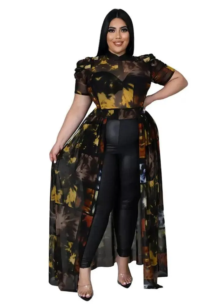 Plus Size Sexy Chiffon Puff Short Sleeve Mesh Tops