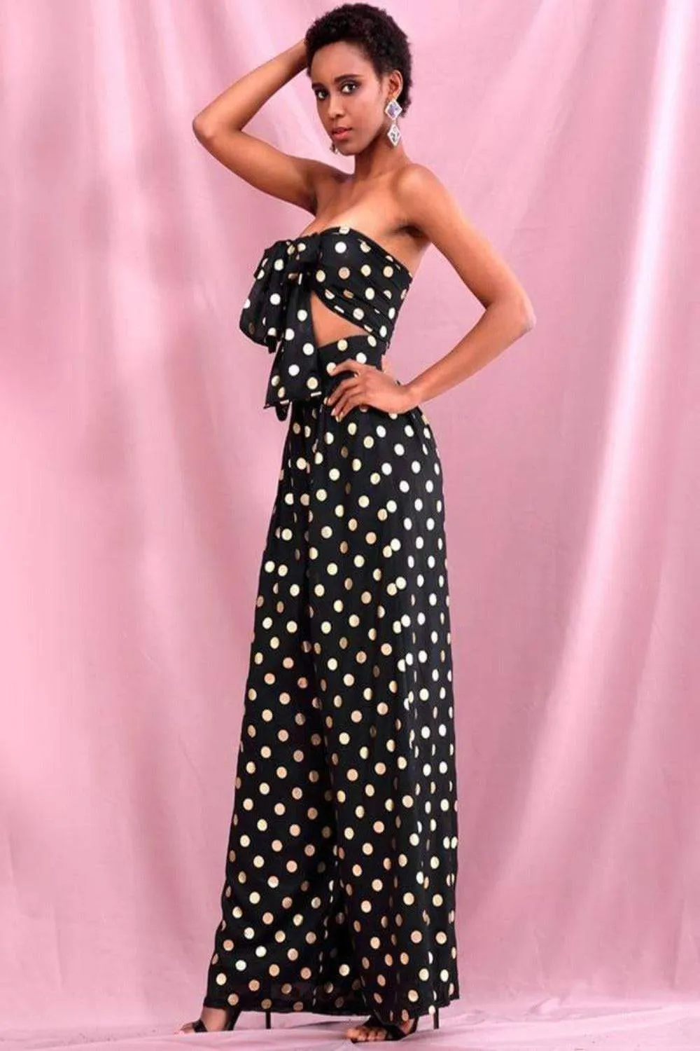 Polka Dot Chiffon High Waisted Two Piece Pants Set