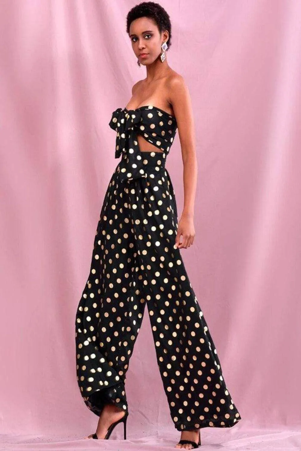 Polka Dot Chiffon High Waisted Two Piece Pants Set