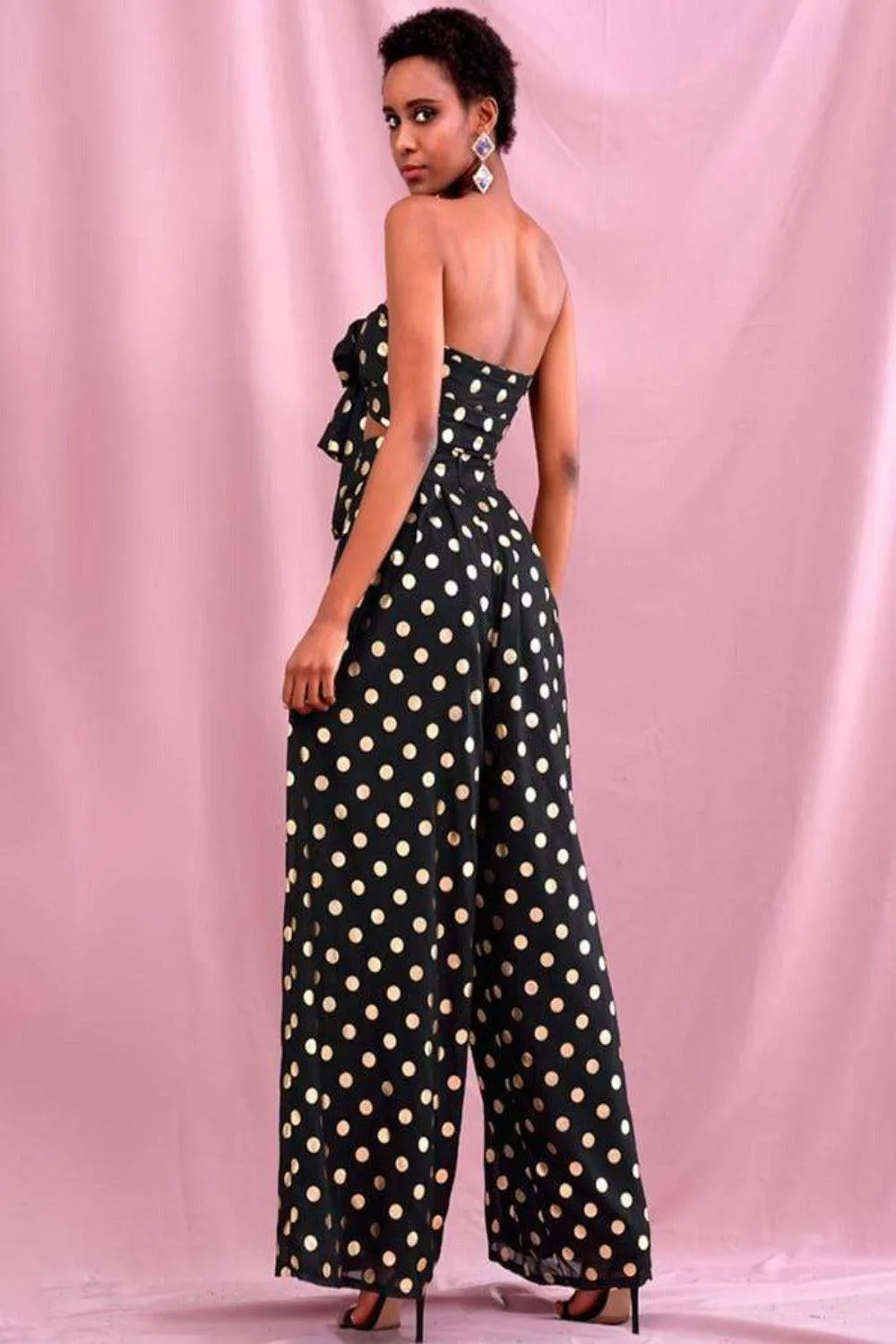 Polka Dot Chiffon High Waisted Two Piece Pants Set