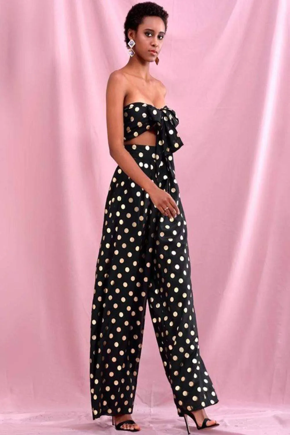 Polka Dot Chiffon High Waisted Two Piece Pants Set