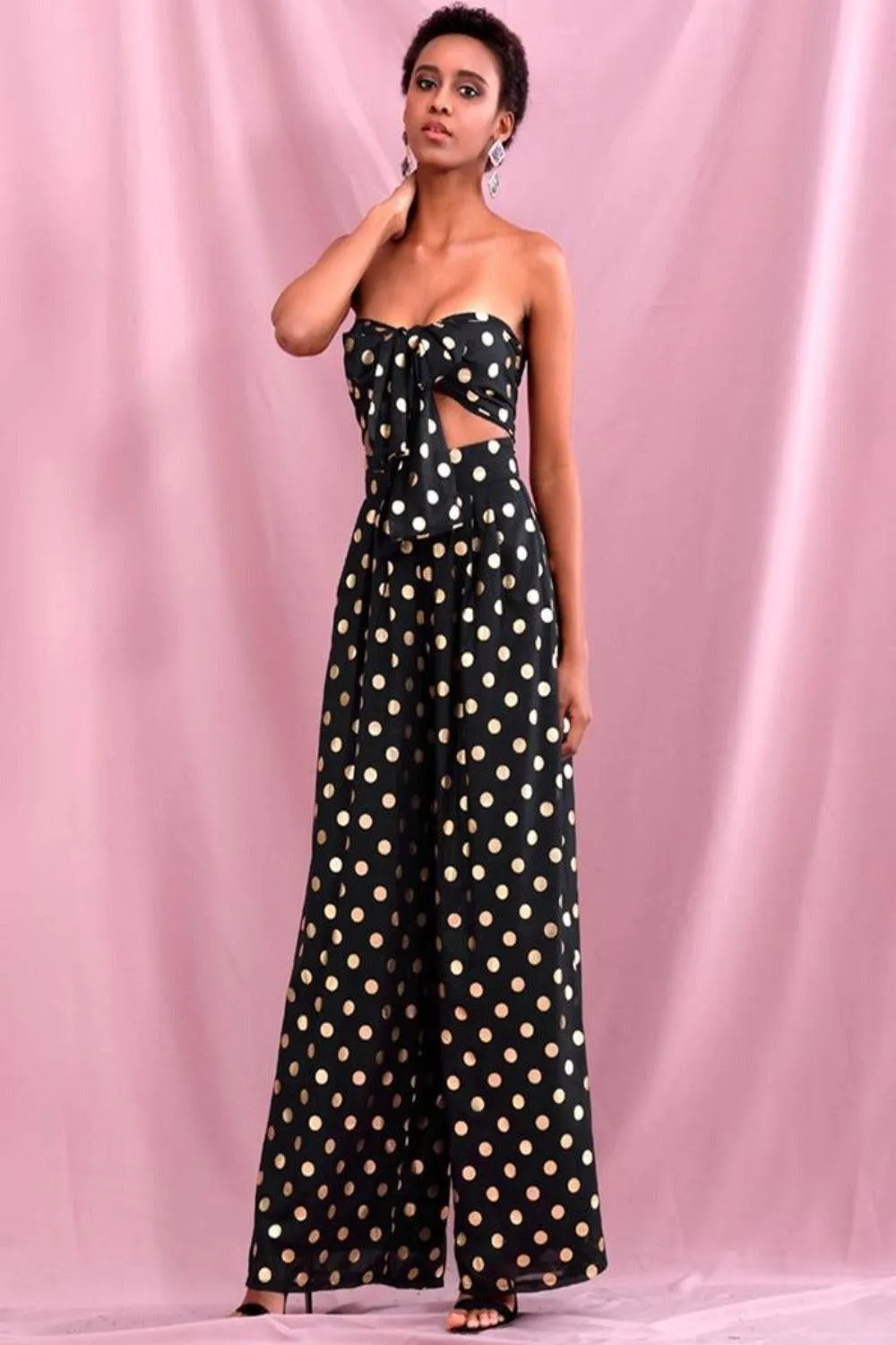 Polka Dot Chiffon High Waisted Two Piece Pants Set