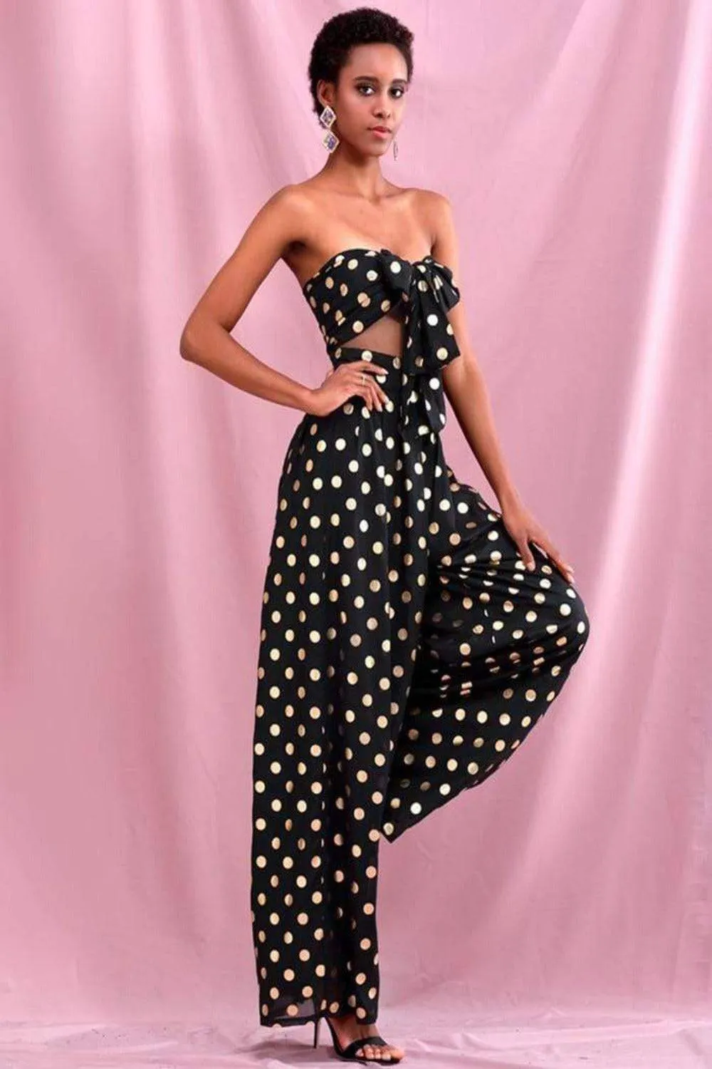 Polka Dot Chiffon High Waisted Two Piece Pants Set