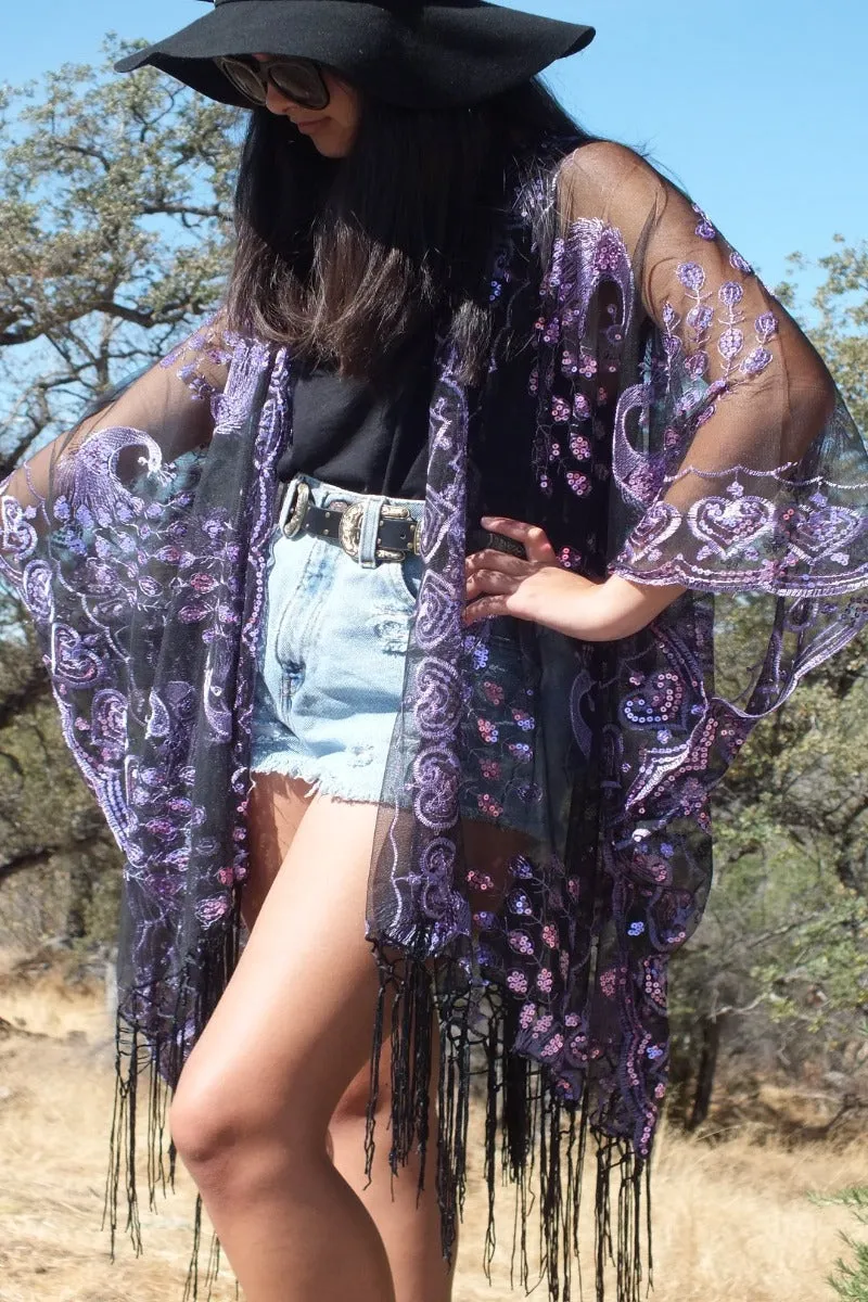 Purple Sequin Peacock Kimono Duster Top