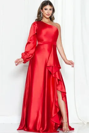 Red One Shoulder Slit Sleeve Satin Maxi Dress