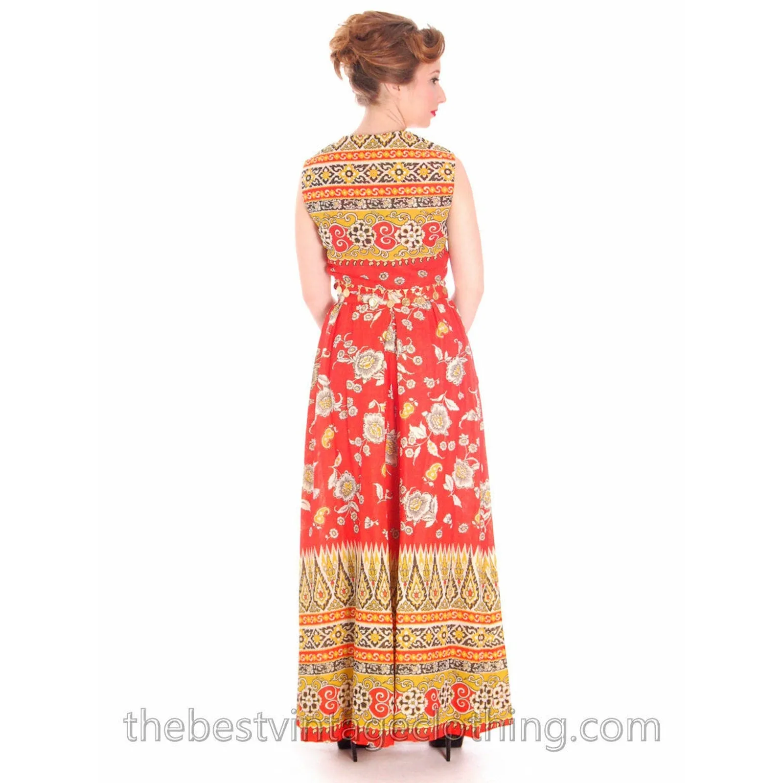 Retro Gypsy Lounge Party Outfit Palazzo Pants Coin Trimmed Midi Top S 60s Lane's