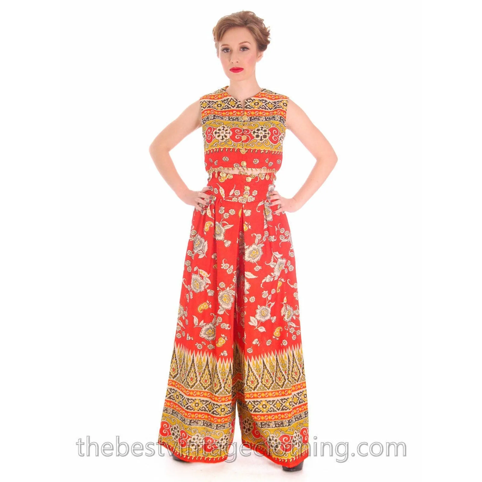 Retro Gypsy Lounge Party Outfit Palazzo Pants Coin Trimmed Midi Top S 60s Lane's