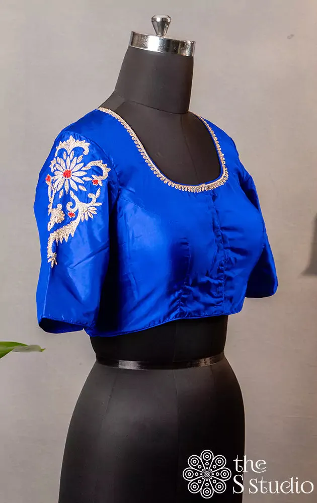 Royal blue pure silk readymade blouse with hand embroidery