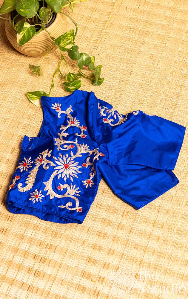 Royal blue pure silk readymade blouse with hand embroidery