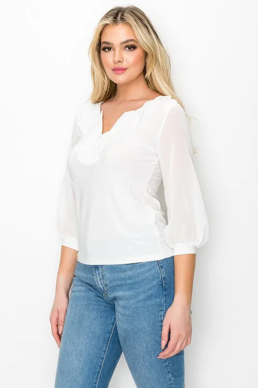 Ruffle Front V Neck Button Up Blouse