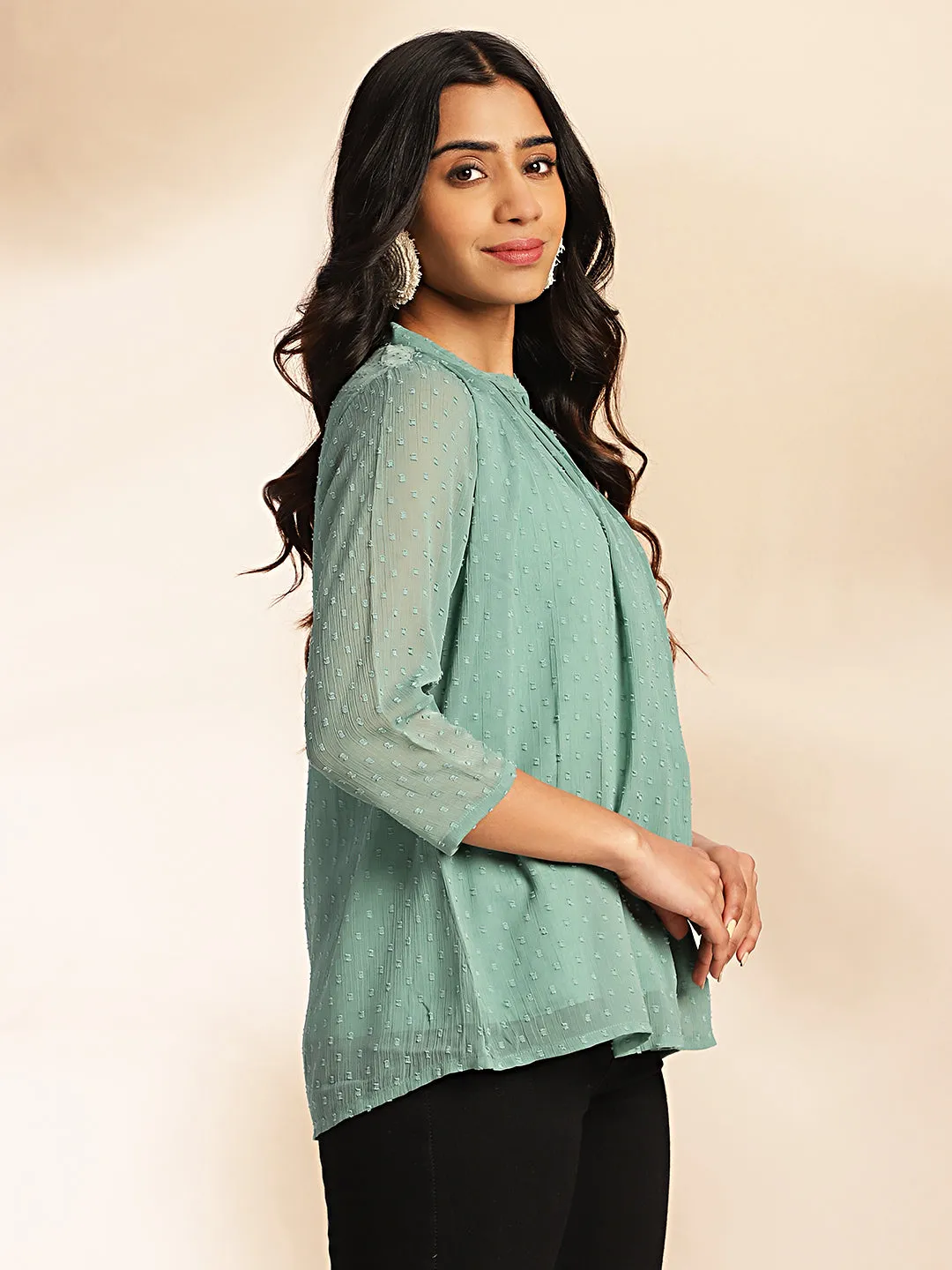 Sage Dobby Chiffon Woven Design Regular Top