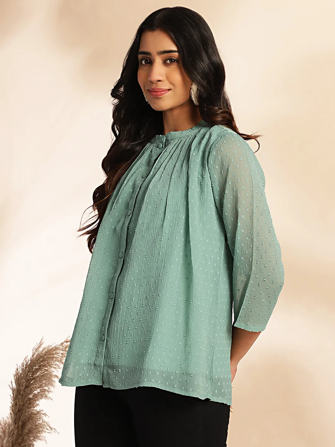 Sage Dobby Chiffon Woven Design Regular Top