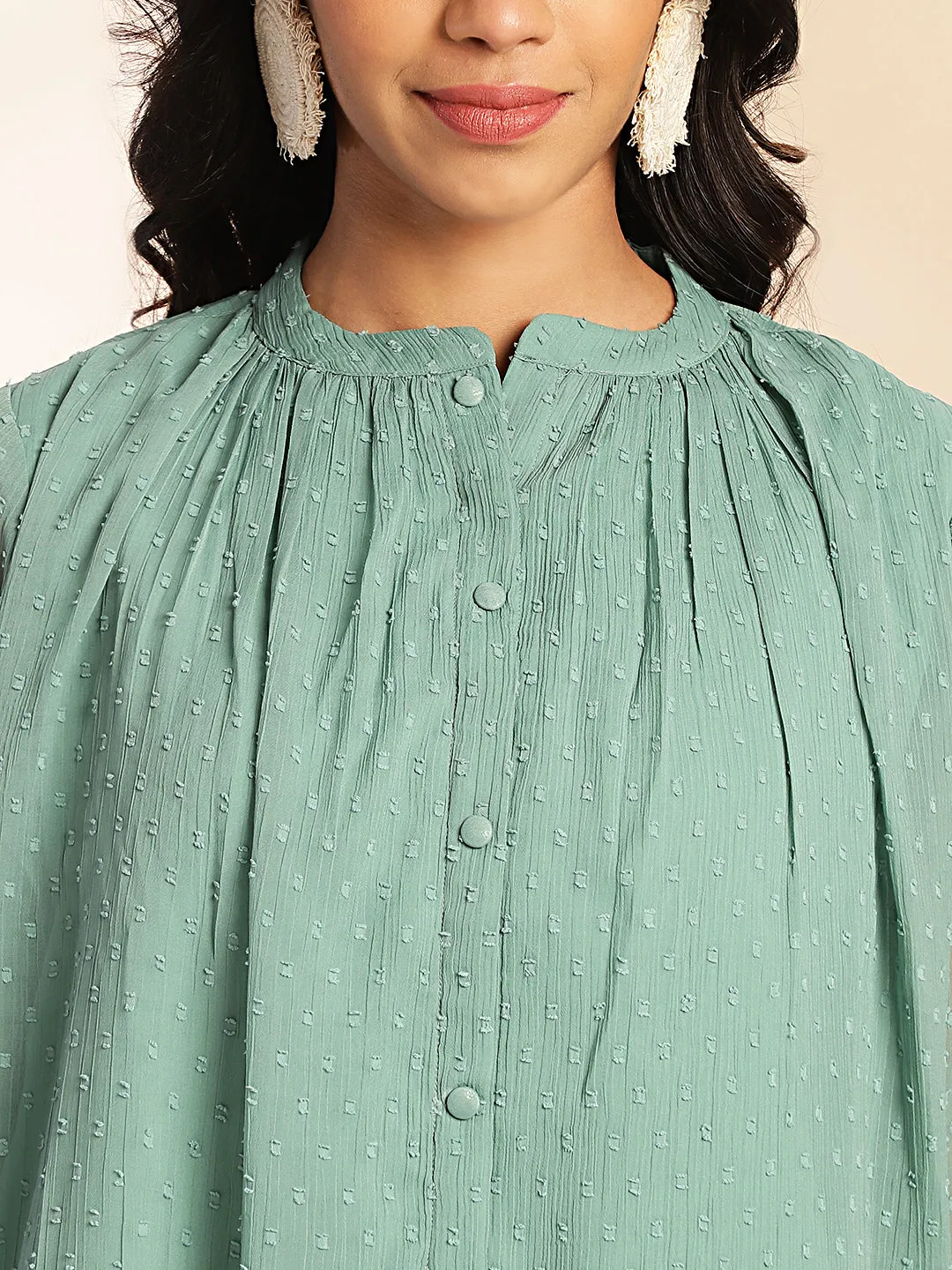 Sage Dobby Chiffon Woven Design Regular Top