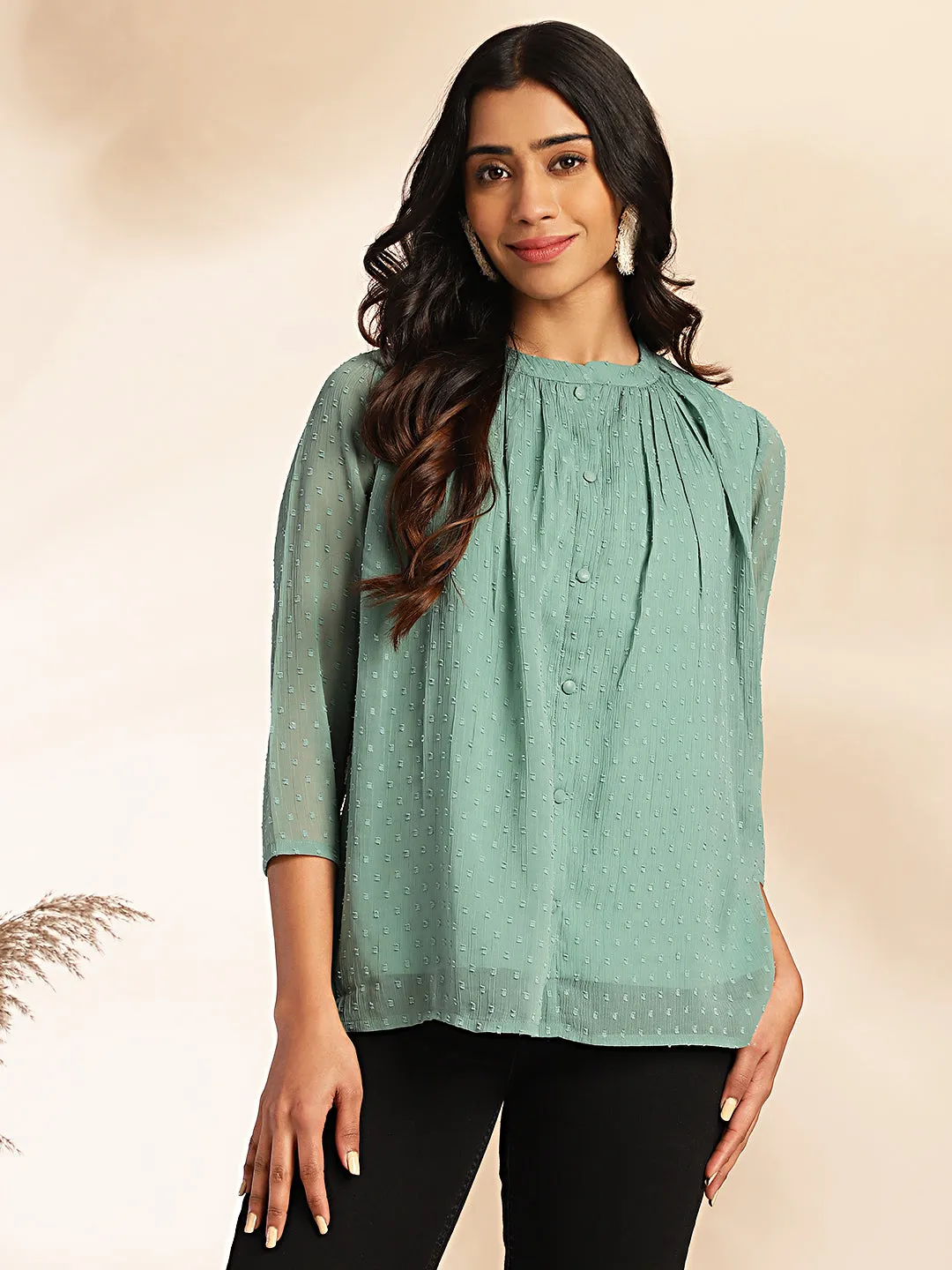 Sage Dobby Chiffon Woven Design Regular Top