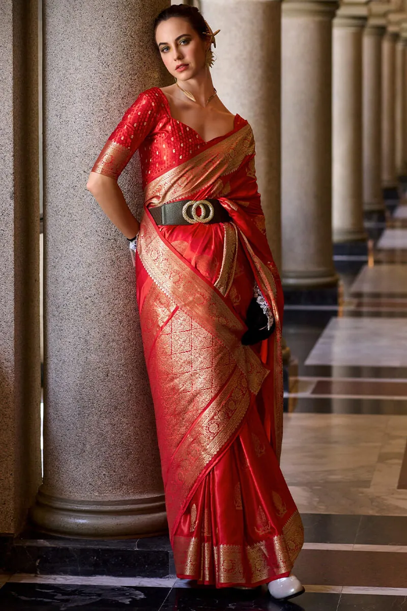 Sensational Red Banarasi Satin Silk Saree With Wonderful Blouse