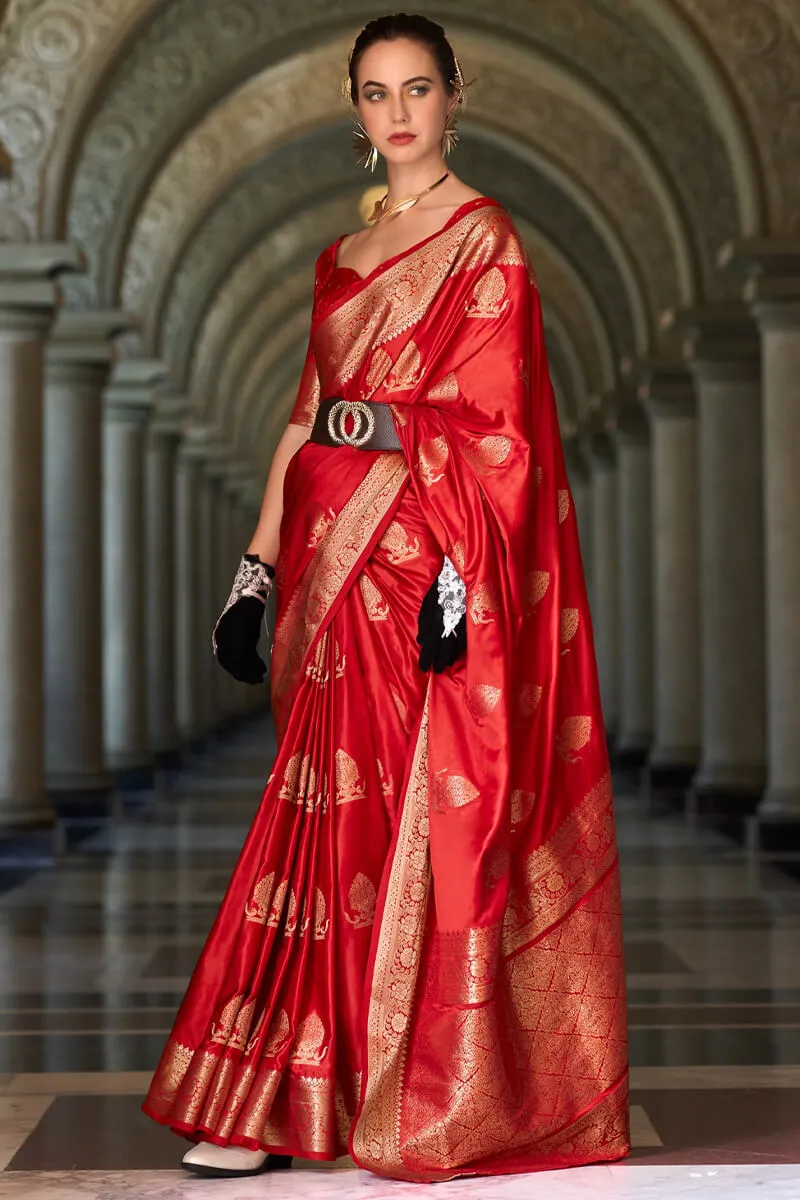 Sensational Red Banarasi Satin Silk Saree With Wonderful Blouse