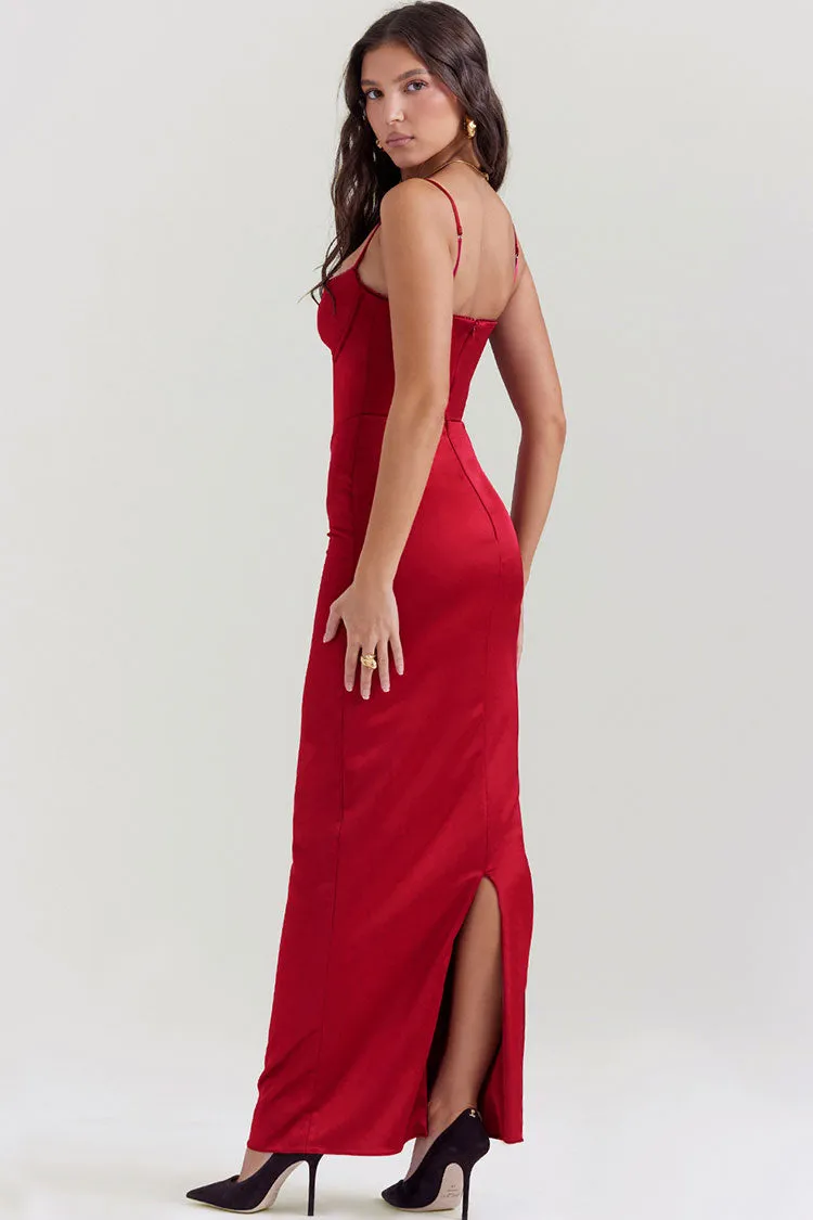 Sexy Silky Satin Sweetheart Spaghetti Strap Split Corset Evening Maxi Dress - Red