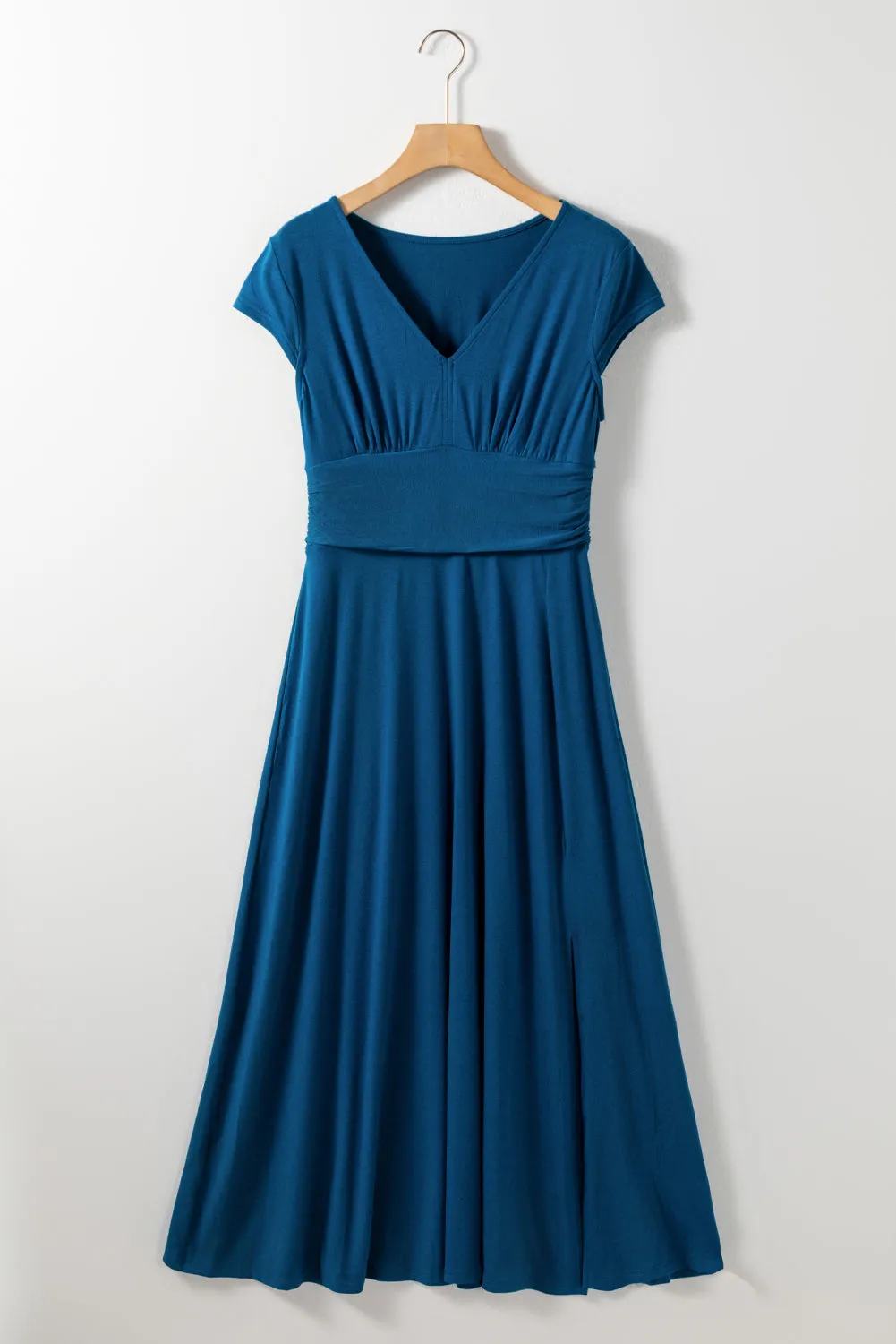 Short Sleeve Shirred High Waist V Neck Maxi Dress