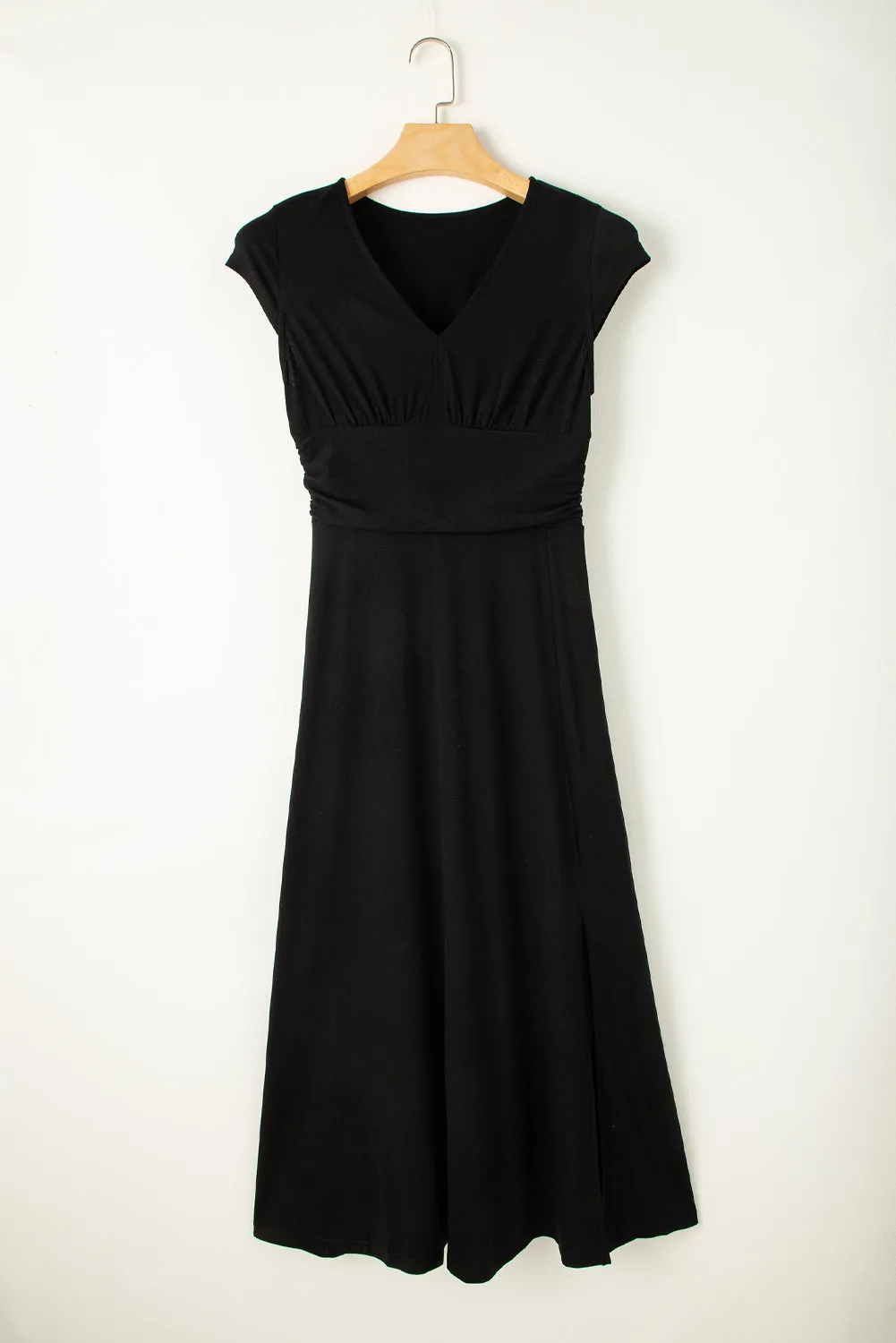 Short Sleeve Shirred High Waist V Neck Maxi Dress