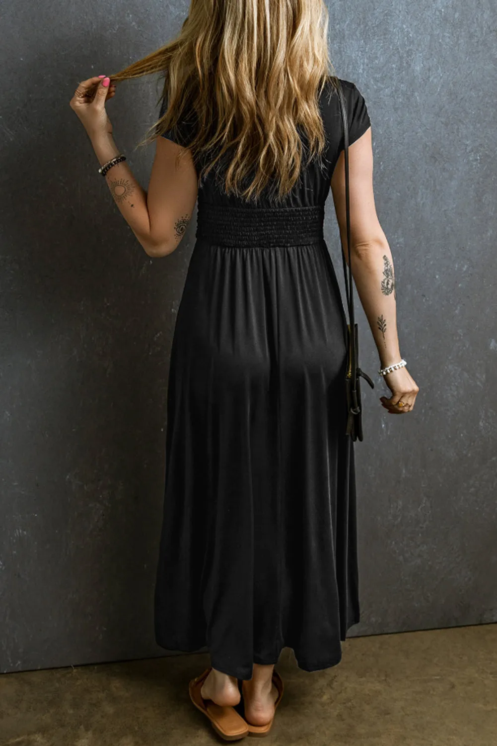 Short Sleeve Shirred High Waist V Neck Maxi Dress