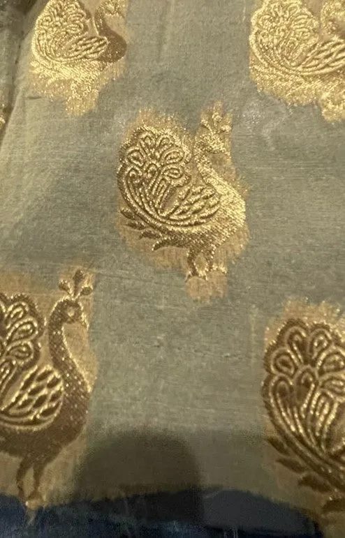 SILK ORGANZA JACQUARD FABRIC GOLD WITH METALIC GOLD PEACOCK MOTIF [8019]