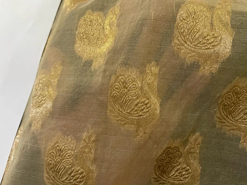 SILK ORGANZA JACQUARD FABRIC GOLD WITH METALIC GOLD PEACOCK MOTIF [8019]