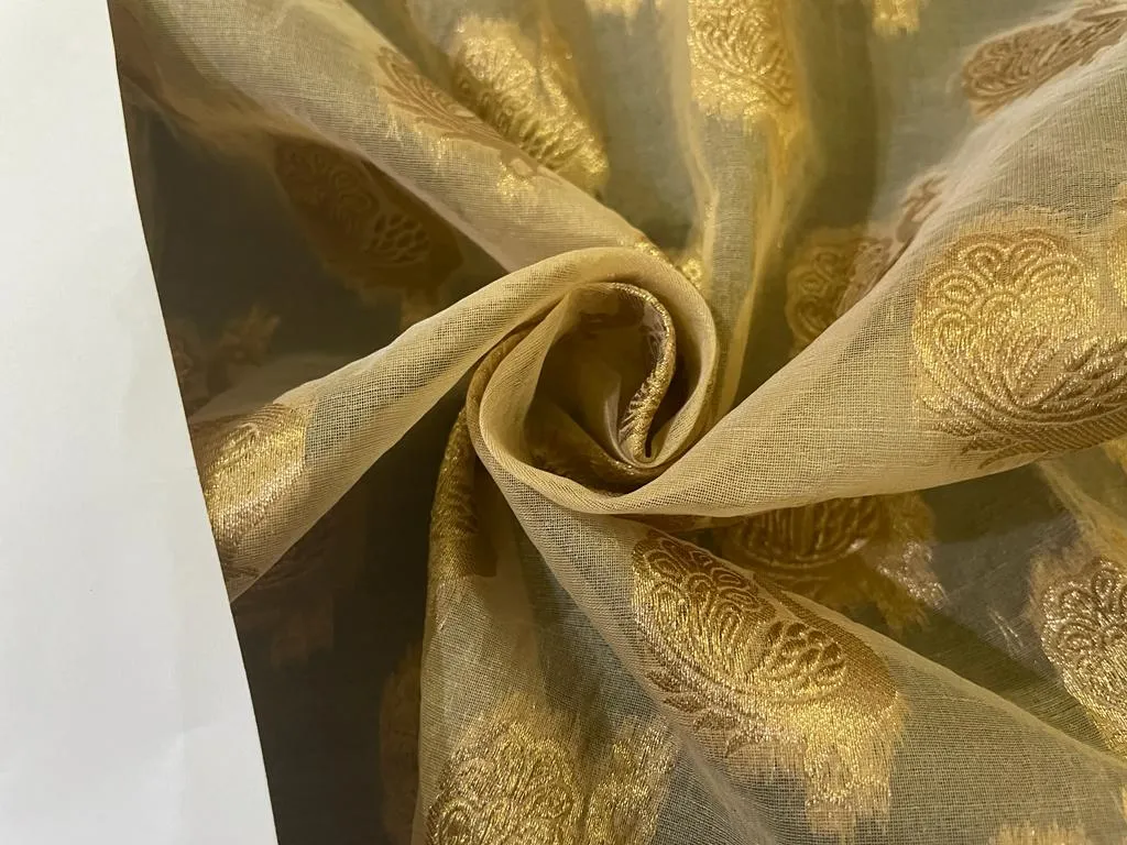 SILK ORGANZA JACQUARD FABRIC GOLD WITH METALIC GOLD PEACOCK MOTIF [8019]