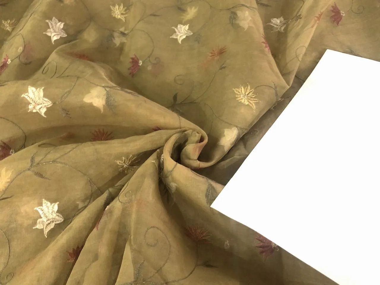 Silk Organza with  floral embroidery 44" wide FAWN COLOR with brown ,beige and white floral [16292]