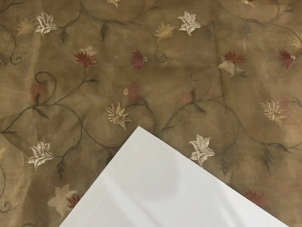 Silk Organza with  floral embroidery 44" wide FAWN COLOR with brown ,beige and white floral [16292]