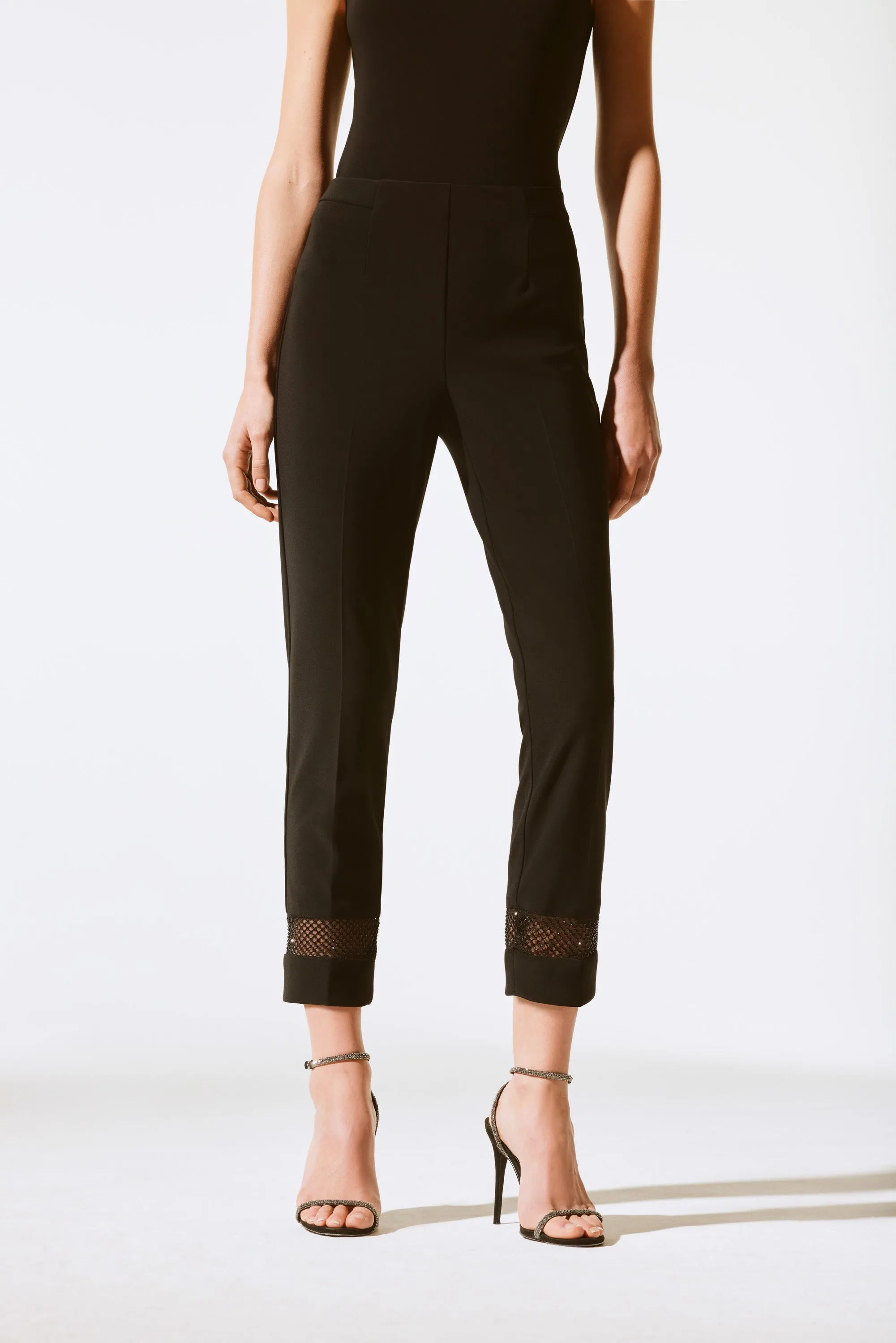 Silky Knit And Rhinestone Mesh Pants