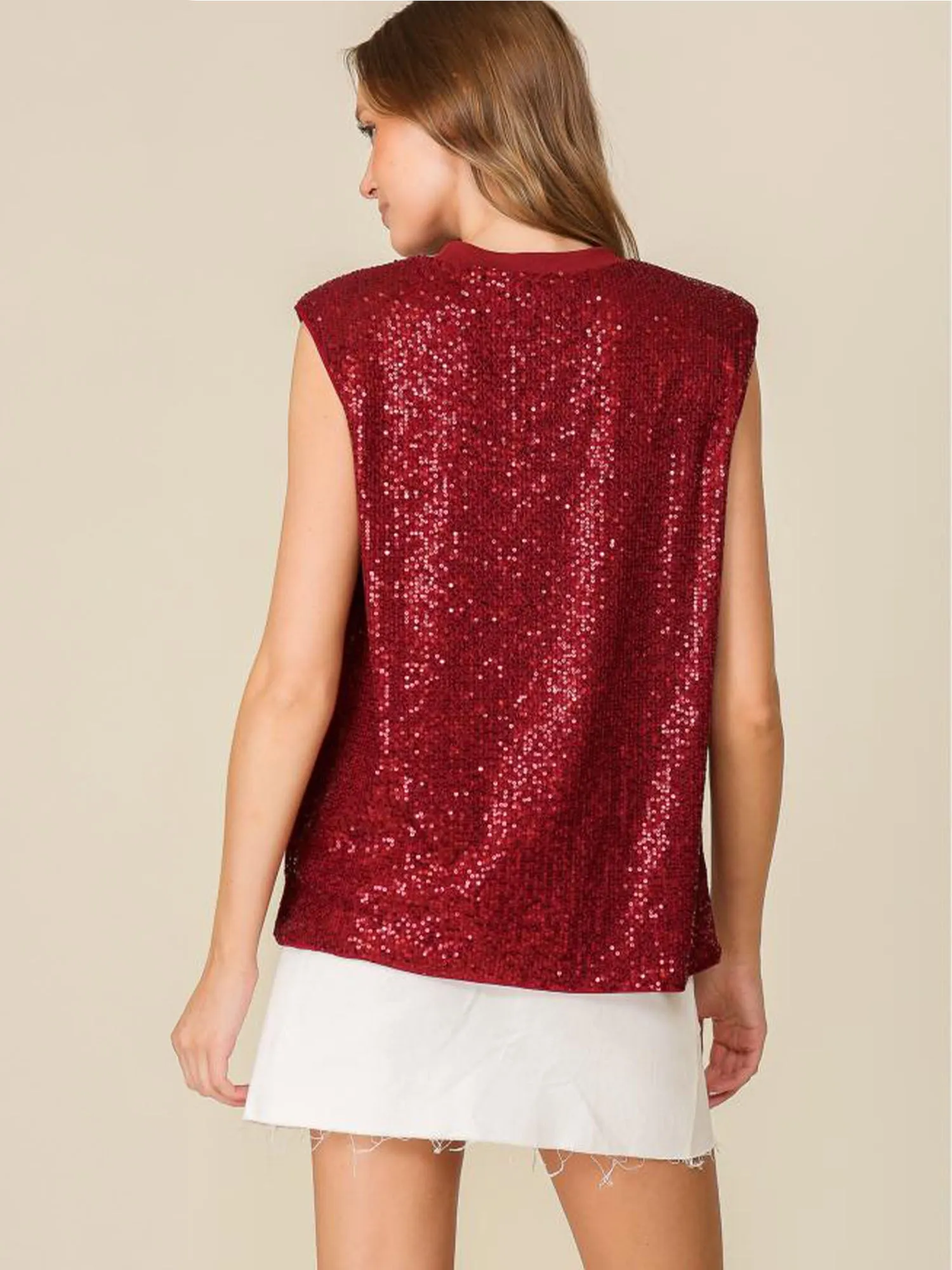 Sleeveless Shoulder Pad Sequin Blouse