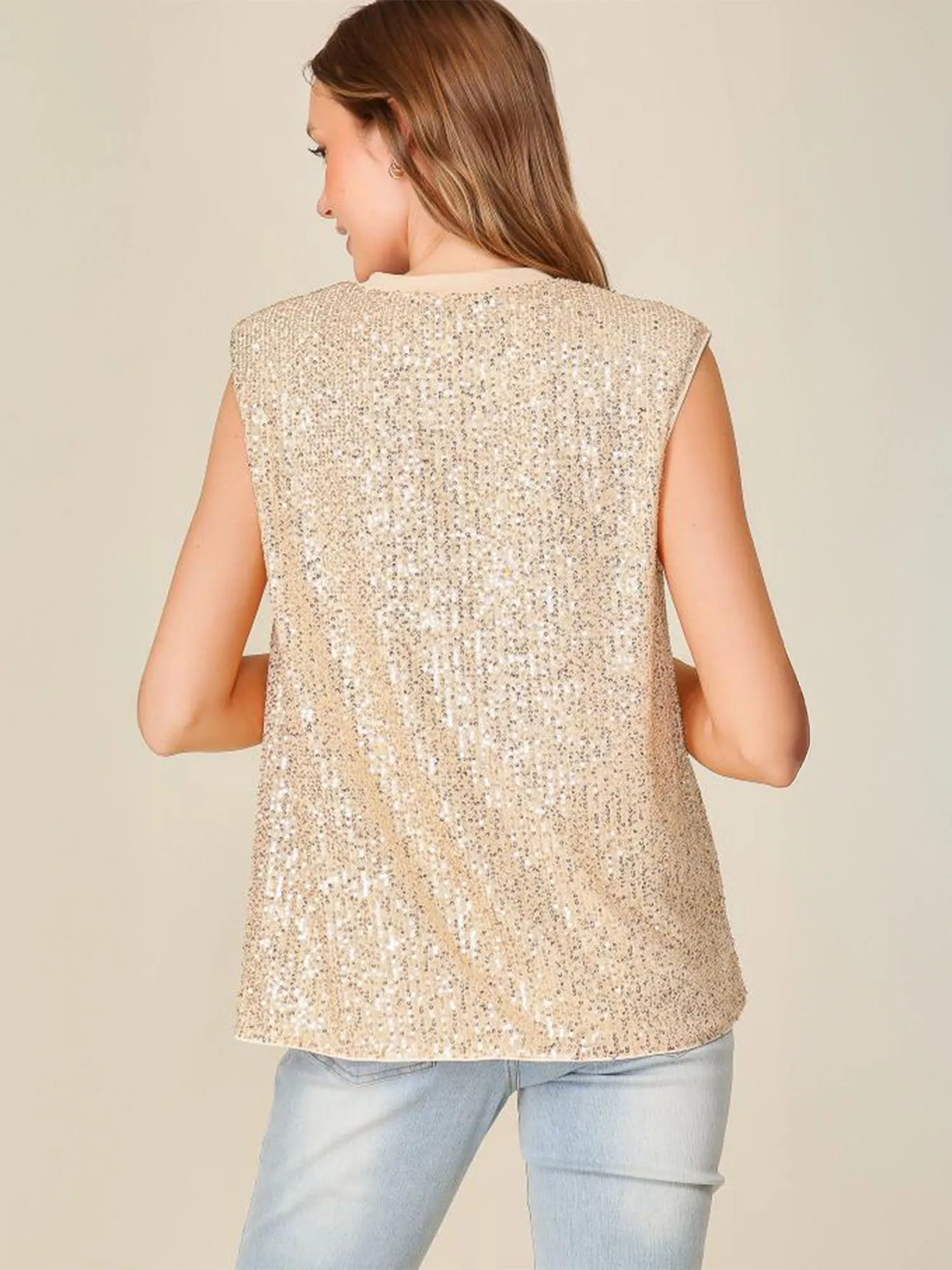 Sleeveless Shoulder Pad Sequin Blouse