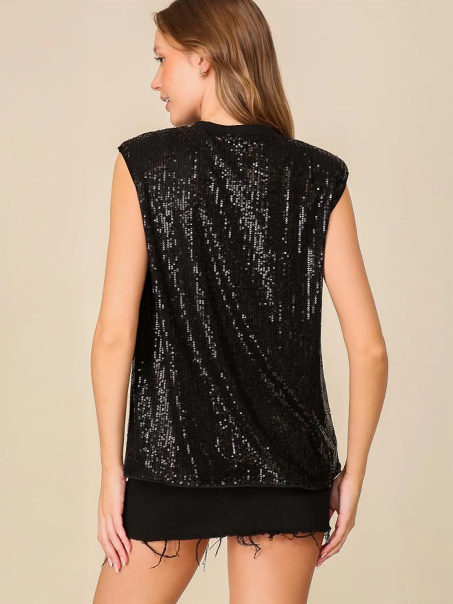 Sleeveless Shoulder Pad Sequin Blouse