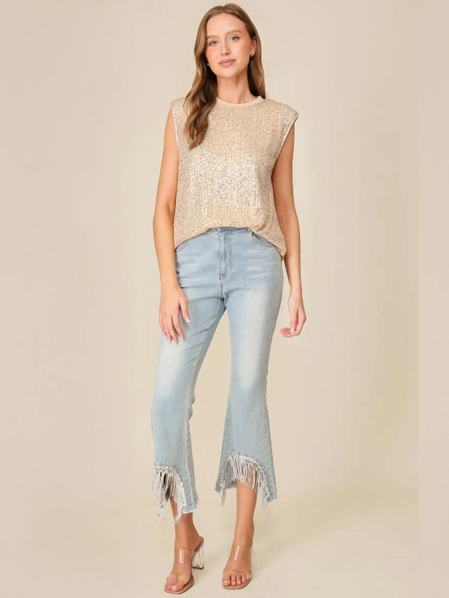 Sleeveless Shoulder Pad Sequin Blouse