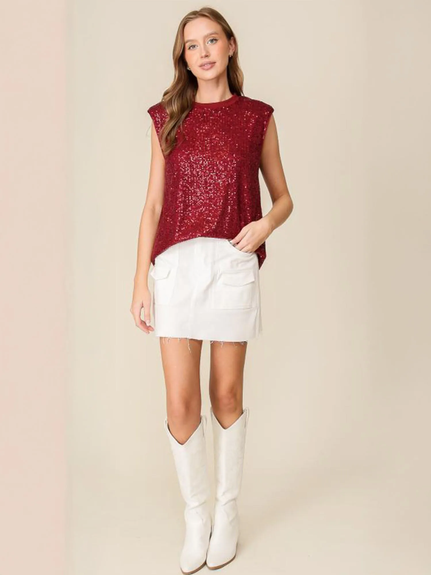 Sleeveless Shoulder Pad Sequin Blouse