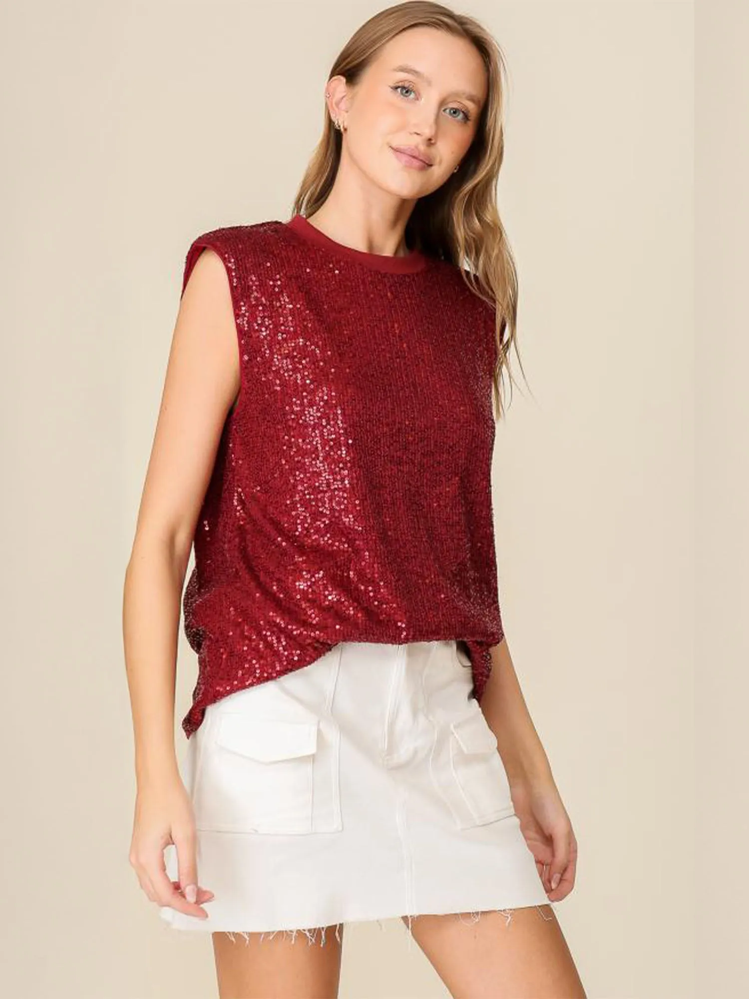 Sleeveless Shoulder Pad Sequin Blouse