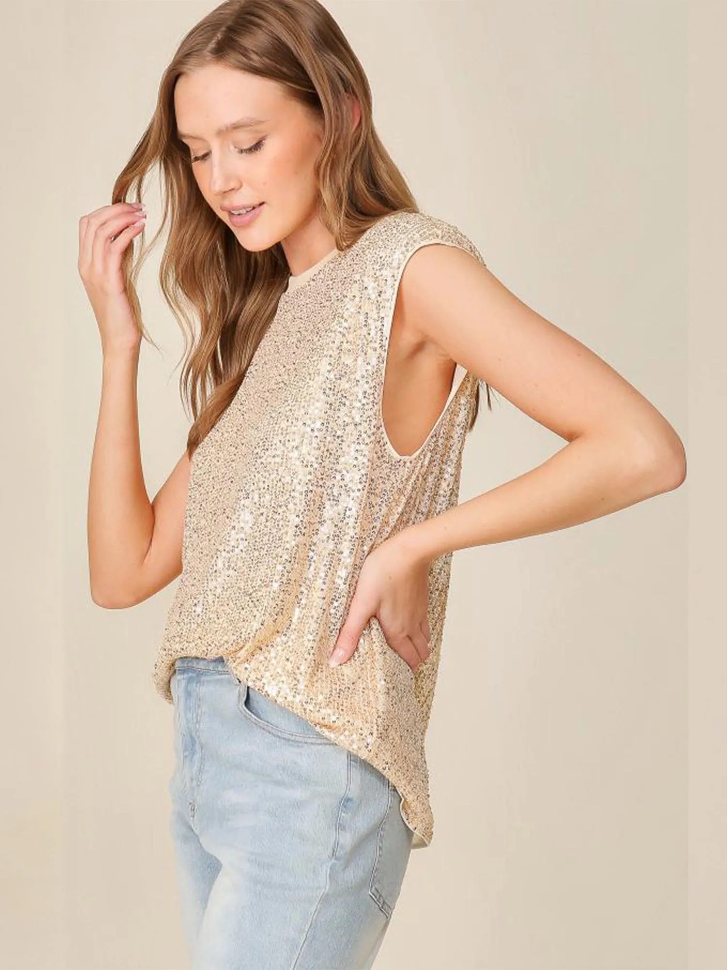 Sleeveless Shoulder Pad Sequin Blouse