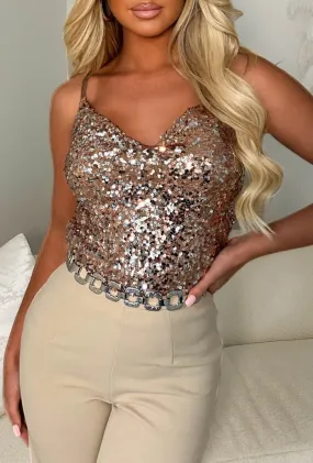 Sparkle Chic Rose Gold Sequin Cowl Neck Cami Top