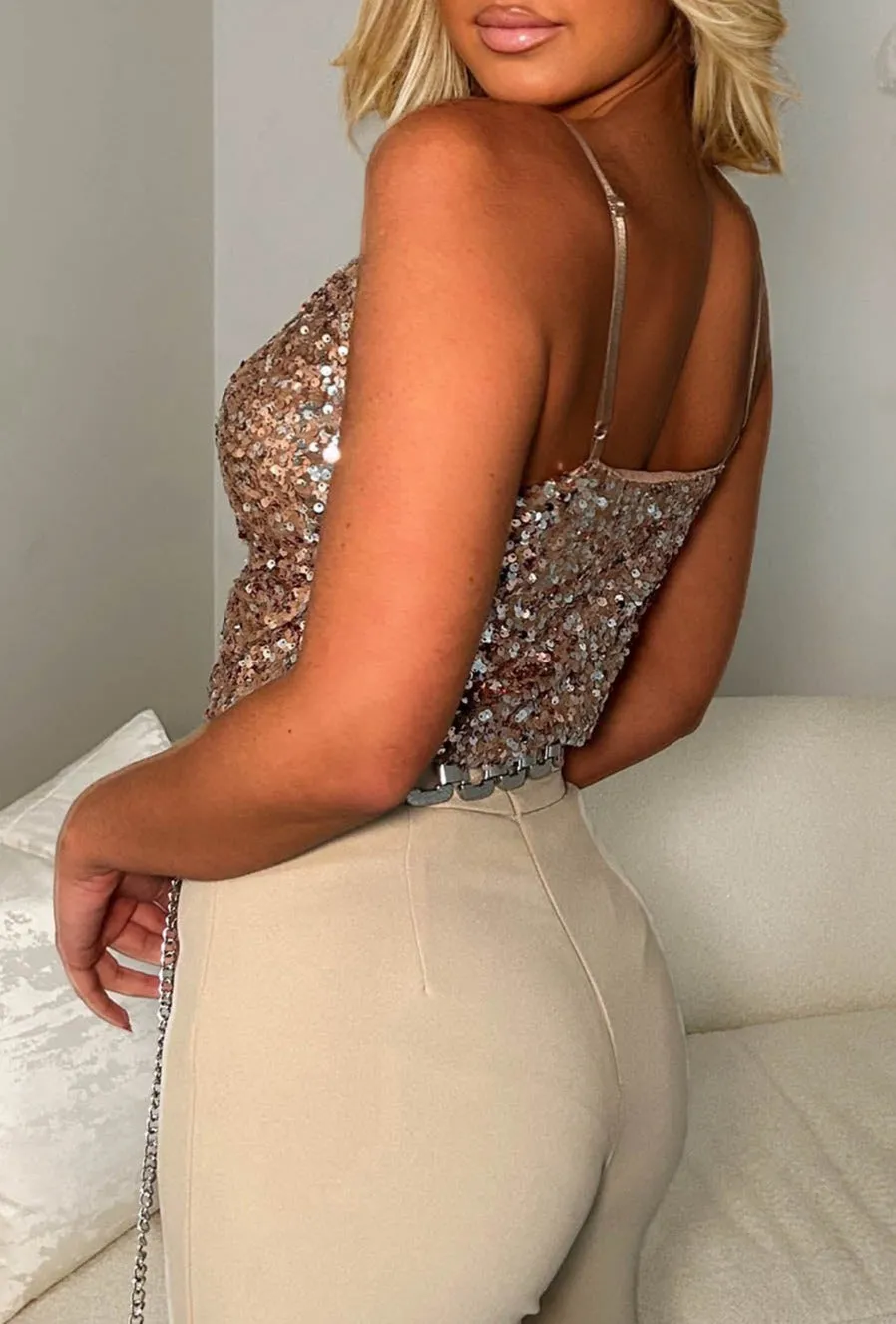 Sparkle Chic Rose Gold Sequin Cowl Neck Cami Top